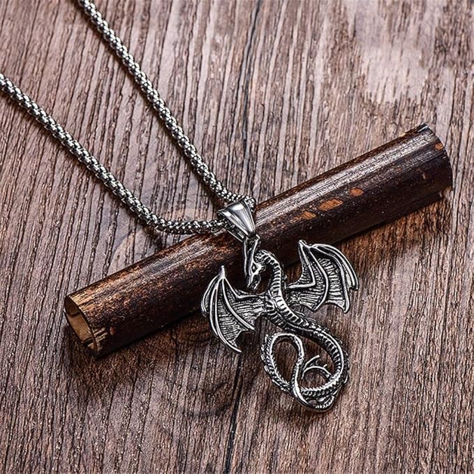 El Regalo Dragon Necklace for Men | Norse Viking Dragon Pendant Necklace with Chain | Gothic Dragon Wings Amulet Necklace | Stainless Steel Fantasy Jewelry for Men & Boys