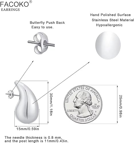 El Regalo 1 Pair Stainless Steel Teardrop/Waterdrop Bold Fashion Statement Earrings- Anti Tarnish, Hypoallergenic Chunky Bottega Earrings (Silver)