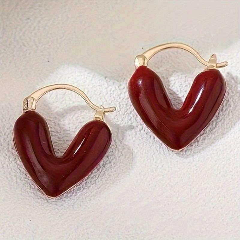 El Regalo 1Pair Love Heart Hoop Earrings- Small Oil Dripping Gold Plated Heart Earrings for Girls & Women Hoop (Dark Red)