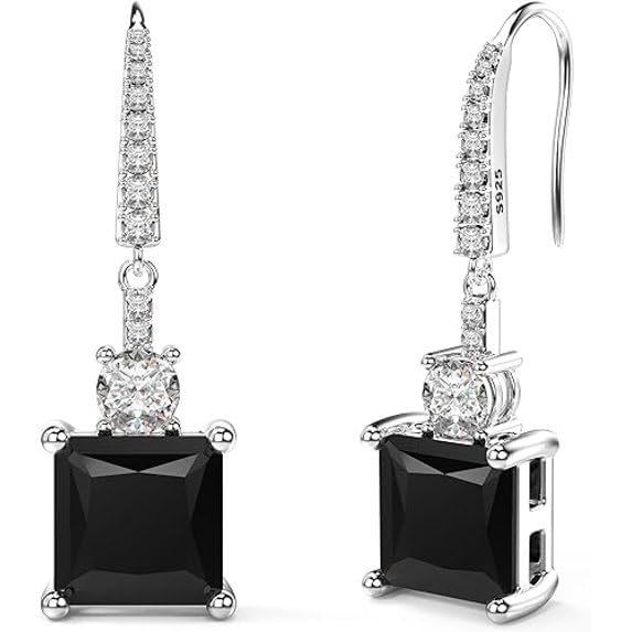 El Regalo Square Princess Cut Cubic Zirconia Dangle Earrings for Women & Girls | Elegant Drop Earrings in Black & Royal Blue Sapphire | 925 Silver Plated CZ Statement Earrings (Black)