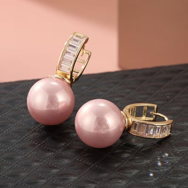 El Regalo Premium Inlaid CZ Pearl Hoop Earrings for Women & Girls | Elegant Korean Style Pearl Drop Huggie Earrings | Party, Wedding & Daily and Office Jewelry (Pink)