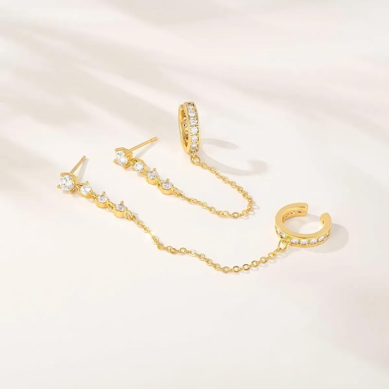 El Regalo Elegant Crystal Studded Chain Cuff Earrings for Women & Girls | Handcrafted Diamond-Cut Cubic Zirconia Linked Ear Cuff with Hanging Chain | Gift for Her