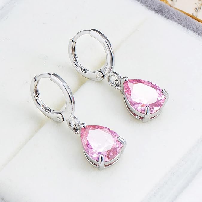 El Regalo Cute Cubic Zirconia Cut Stones Hoop Earrings for Girls & Women- Classic Teardrop Shape Zircon Drop Dangle Earrings (Baby Pink)