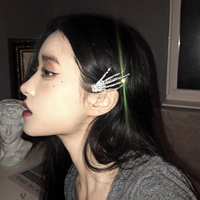El Regalo 2PCs CZ Halloween Skeleton Hair Clips- Rhinestone Zombie Punk Rock Hand Hair Clip- Alligator Claws Barettes Clips- Halloween Costume/Accessories for Girls/Women (1 Gold 1 Silver)
