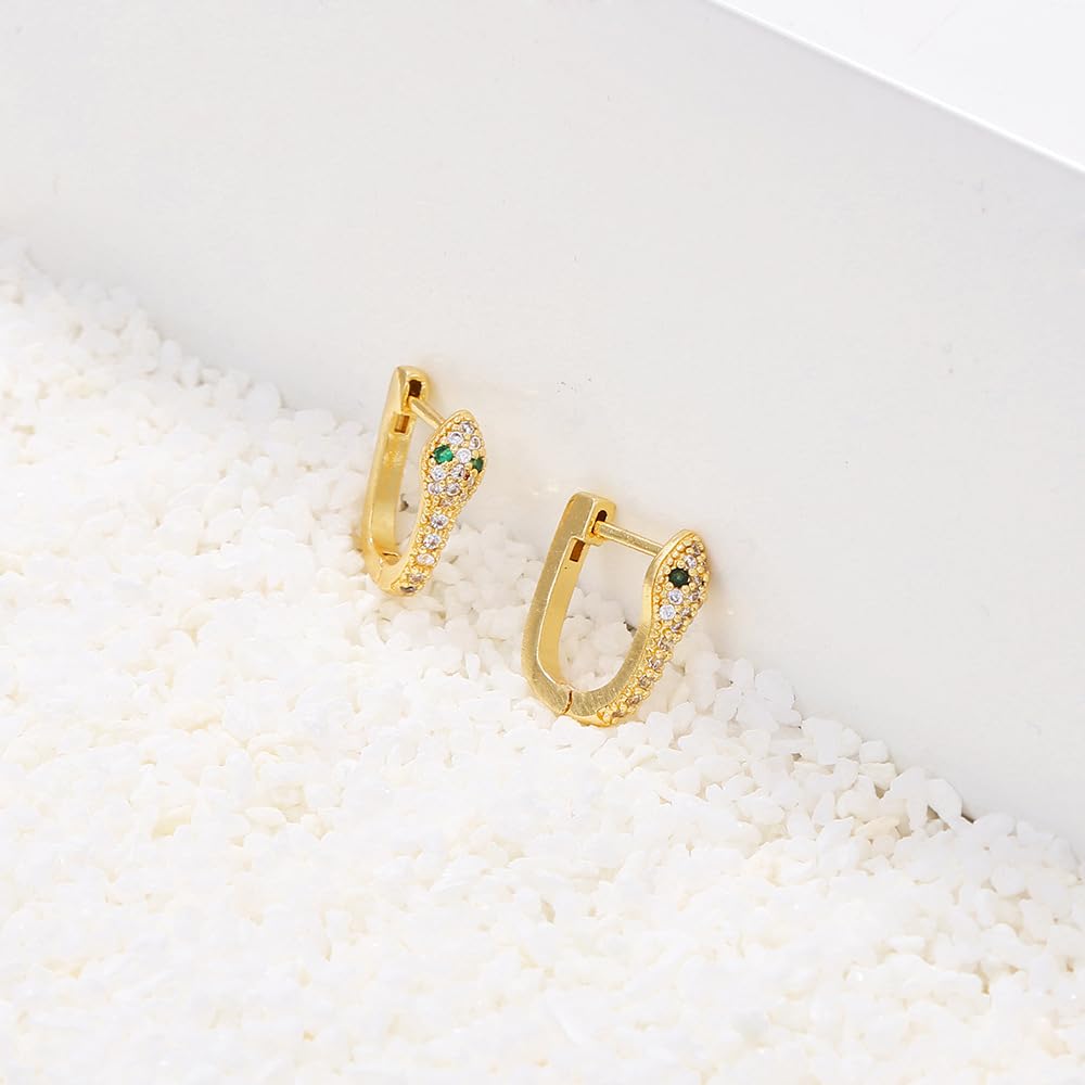 El Regalo Luxury Snake/Serpent Huggie Hoop Earrings with Green & White Cubic Zirconia for Girls/Women - Fancy Cartilage Cuff Piercing Studs