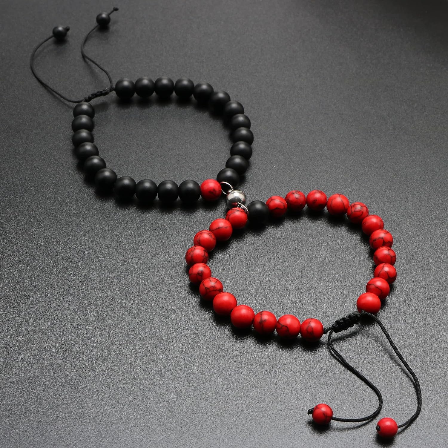El Regalo 2PCs Magnetic Natural Stones Unisex Bracelets for Couples, Best Friend, Boyfriend & Girlfriend, Long Distance Connecting Bracelets Set- Valentines Day Gift (Red & Black)