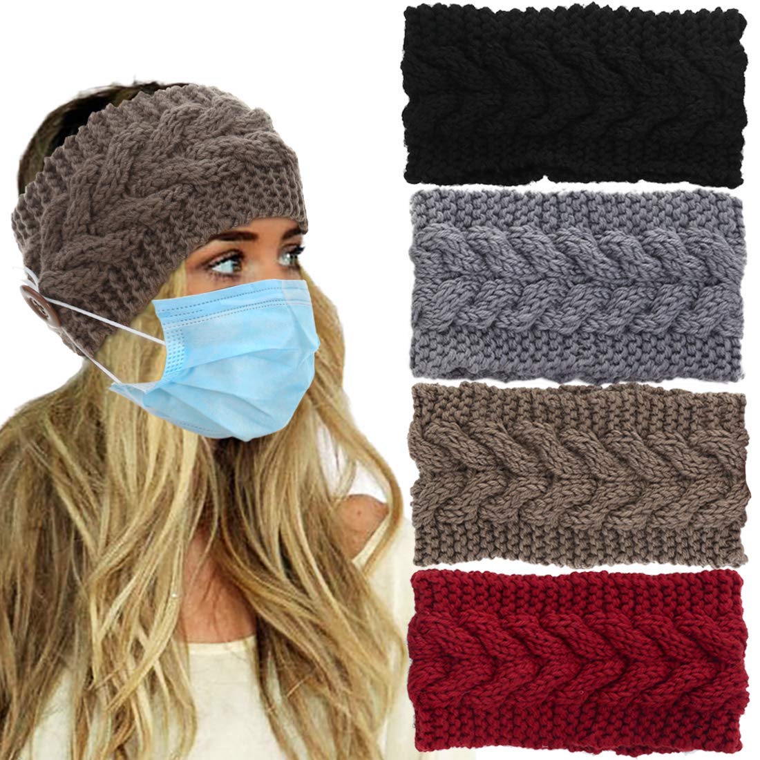 El Regalo 2 PCs Knitted Winter Woolen Warm Headband with Buttons for Face Mask Cover | Cold Weather Hair Accessories Head Wrap | Winter Headbands for Women & Men (Pack of 2) (Red & Khakhi)