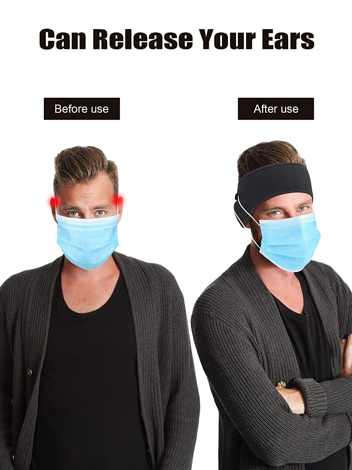 El Regalo Winter Fleece and Polyester Ear Warmers, Headband with Buttons for Facemask for Unisex, Pack of 2 (Grey & Black)