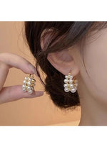 El Regalo Retro Elegant Double Row Imitation Pearl Oval Hoop Earrings for Women - Fashion Pearl Double Layer Ear Buckle Hoops