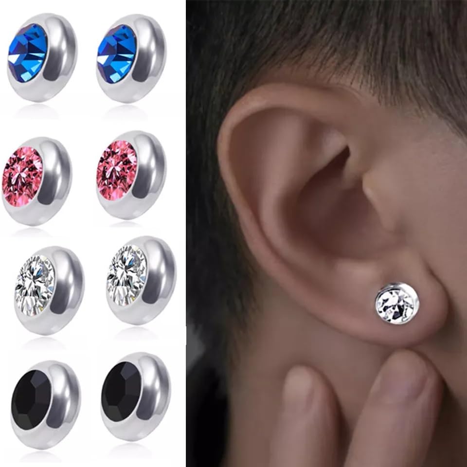 El Regalo 2 Pairs Non-Pierced CZ Magnetic Clip-On Unisex Earrings for Men/Women/Girls/Boys - Colorful CZ Fake Crystal Ear Stud Earrings (Blue & White)
