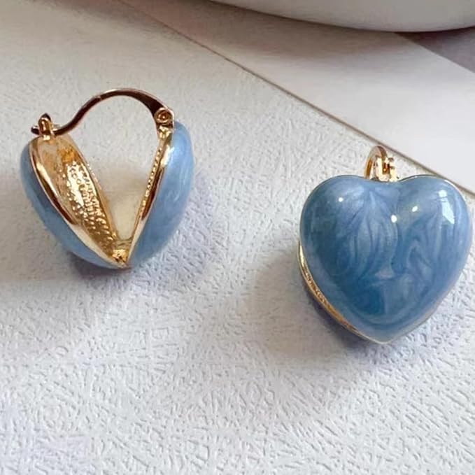 El Regalo Heart Hoops Earrings- Vintage Fashionable Bliss Heart Clip Double-sided Enamel Glaze Eternal Elegance Love Earrings for Women & Girls (Glazed Blue)