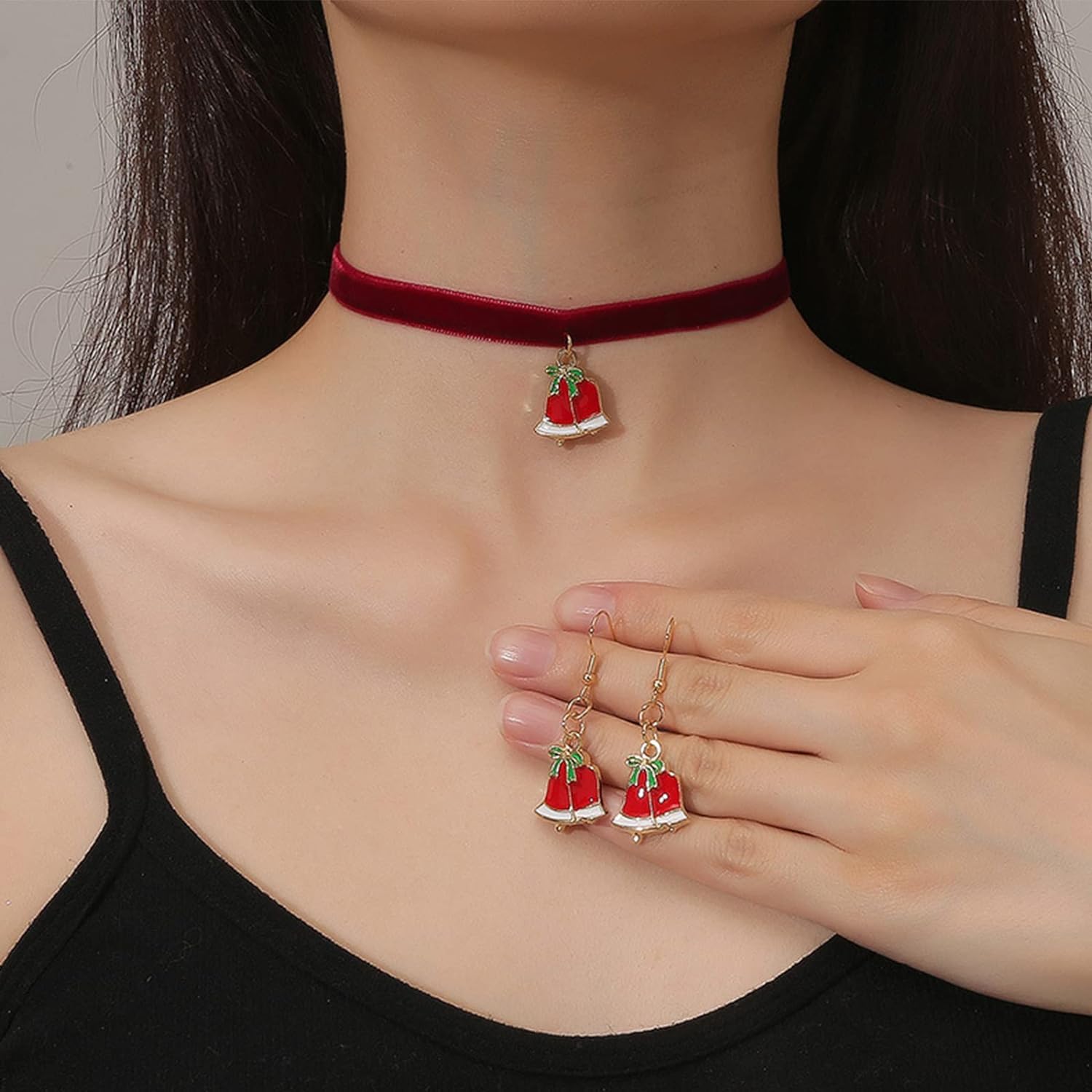El Regalo Festive Christmas Choker Necklaces & Earrings Combo Set- Christmas Charms Choker Necklace & Earrings for Kids/Girls & Women - Christmas Gift (Xmas Jingle Bells)