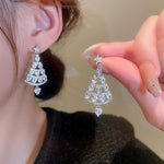 El Regalo CZ Dangling Christmas Tree Stud Earrings for Women & Girls- Rhinestone In-Laid Christmas Tree Dangle Earrings (Silver)