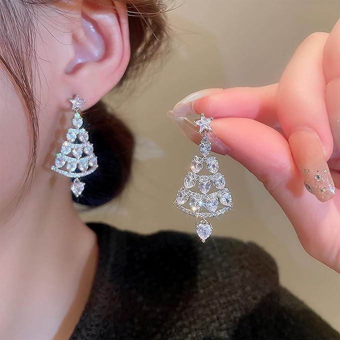 El Regalo CZ Dangling Christmas Tree Stud Earrings for Women & Girls- Rhinestone In-Laid Christmas Tree Dangle Earrings (Silver)