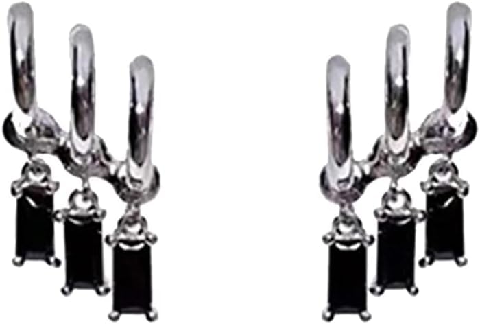 El Regalo Women's & Girl's Western Triple Ear Crawler Earrings- Triple Dangling Baguette Stone Earring- Exquisite Zircon Multilayer Earrings (Silver Black)