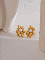 El Regalo Stainless Steel Pearl Flower Stud Earrings- Glamorous, Elegant, Anti Tarnish/Waterproof Geometric Design, Gold Polished Finish for Women & Girls