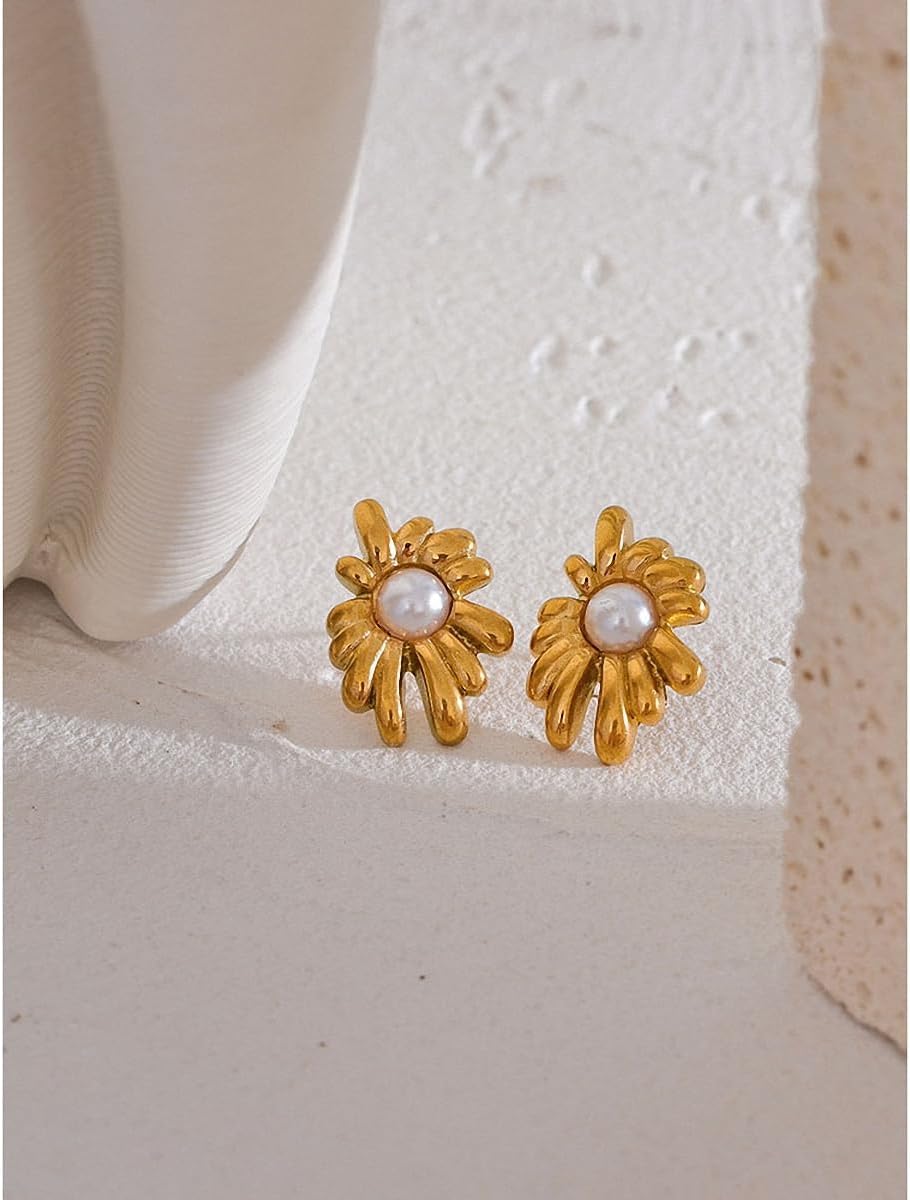 El Regalo Stainless Steel Pearl Flower Stud Earrings- Glamorous, Elegant, Anti Tarnish/Waterproof Geometric Design, Gold Polished Finish for Women & Girls