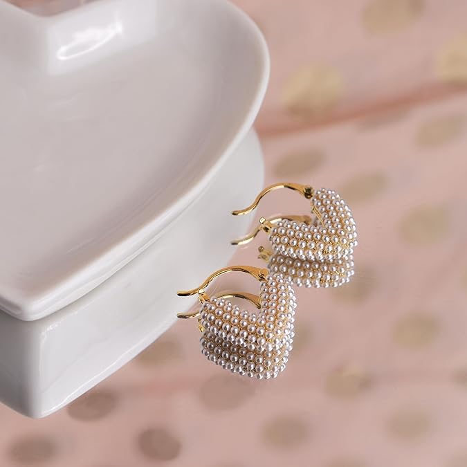 El Regalo Gold-Plated Pearl Heart Hoop Earrings for Women & Girls - Classic, Elegant Tiny Pearl Heart Hoops, Trendy & Fashionable Earrings for Everyday Wear