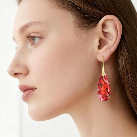 El Regalo Elegant Natural Stone Drop Earrings for Women | Vintage Teardrop Boho Dangle Earrings | Anti-Tarnish Western Statement Jewellery for Girls & Women (Red Gold)