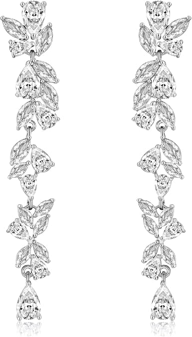 El Regalo Womens Leaf Cubic Zirconia Bridal Earrings for Wedding- Teardrop Crystal Chandelier Dangle Earrings - Flower Vine Diamond Drop Earrings