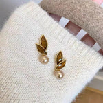 El Regalo Exquisite Champagne Leaf Pearl Drop Earrings for Women - Vintage Glossy Pearl Leaf Stud Earrings - Elegant Jewelry for Special Occasions