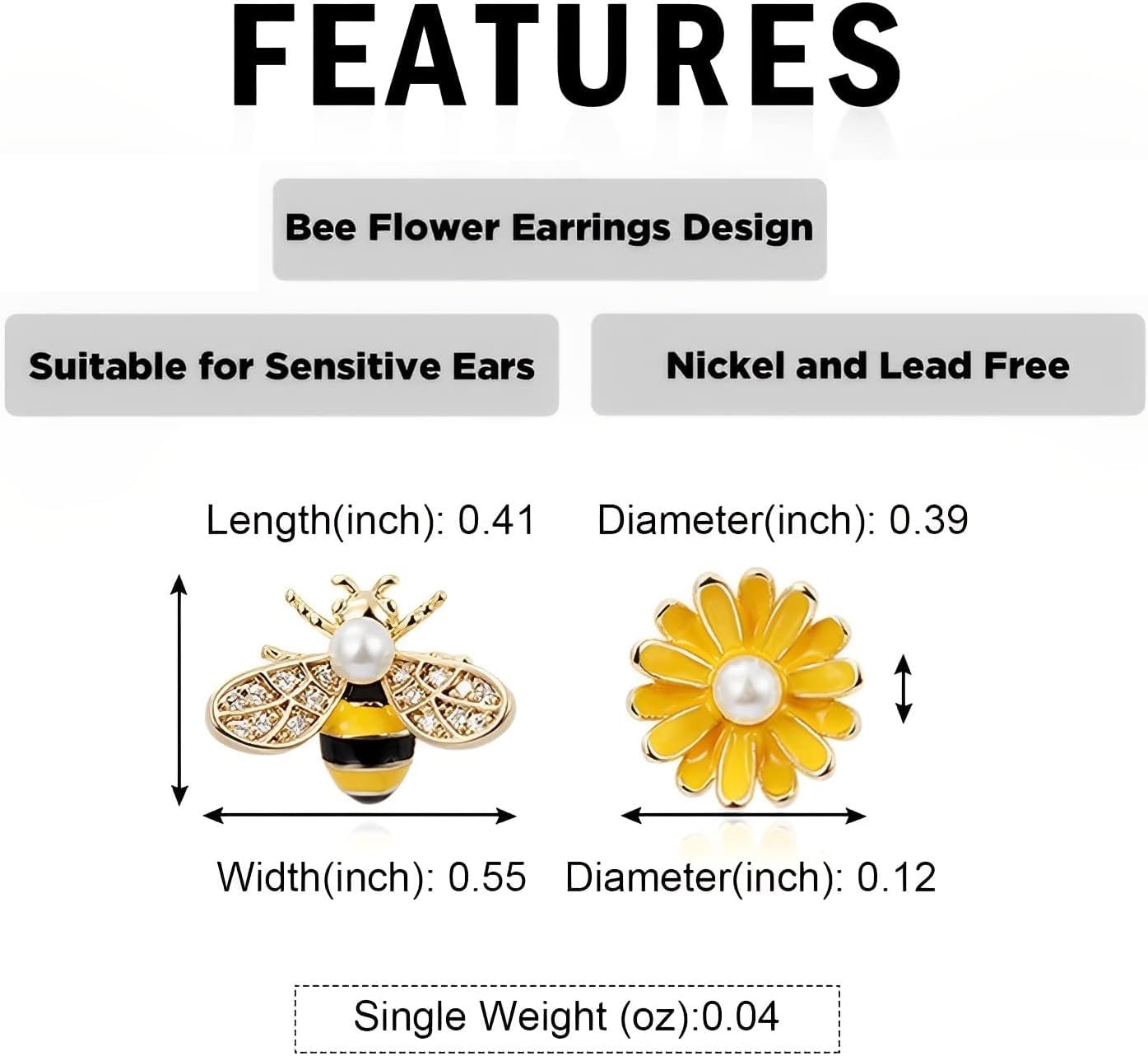 El Regalo Bee & Flower Pearl Stud Earrings- Asymmetrical Statement Cute Honeybee & Flower Stud Earrings for Girls & Women