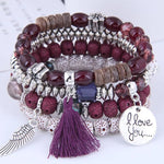 El Regalo 4Pcs/Set Vintage Bohemia Style Wing Beads Tassel Unisex Bracelet - Stackable Multi-layer Modern Charm Bracelets with Wings and I Love You Charms Bracelets (Wine)