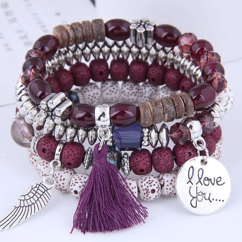 El Regalo 4Pcs/Set Vintage Bohemia Style Wing Beads Tassel Unisex Bracelet - Stackable Multi-layer Modern Charm Bracelets with Wings and I Love You Charms Bracelets (Wine)