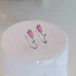 El Regalo Cute Tiny Pink Tulip Flower Bud Earrings for Girls & Women- Enameled Tulip Crawler Climber Earrings
