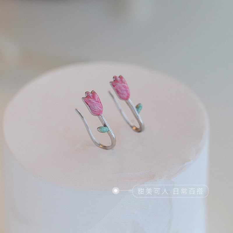El Regalo Cute Tiny Pink Tulip Flower Bud Earrings for Girls & Women- Enameled Tulip Crawler Climber Earrings