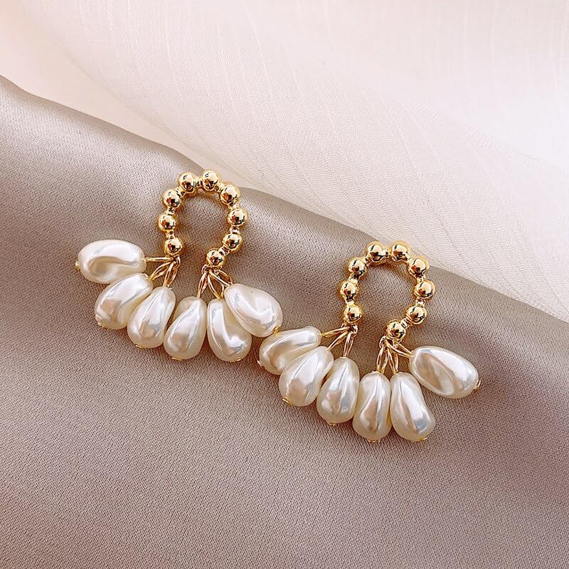 El Regalo Gold Beaded Pearl Hoop Earrings for Girls & Women - Elegant Cascading Teardrop Faux Pearl Drop Earrings - Boho Bridal Wedding Jewelry, Statement Dangle Hoops for Bridesmaids, Anniversary & Prom Gift
