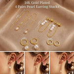El Regalo 14K Gold Plated Pearl Drop & Huggie Hoop Earrings Combo Set for Women | 4 Pairs Anti-Tarnish Hypoallergenic Earring Stack for Multiple Piercings & Cartilage | Premium Aesthetic Jewellery Gift