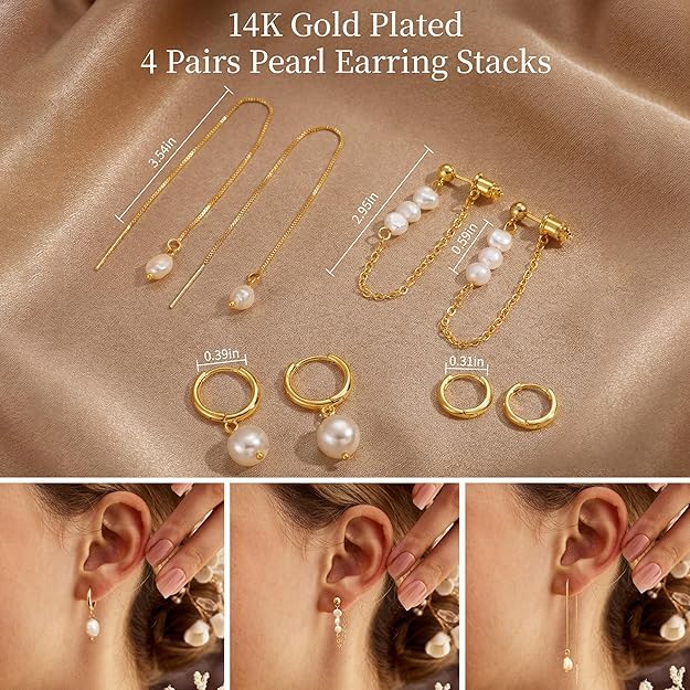 El Regalo 14K Gold Plated Pearl Drop & Huggie Hoop Earrings Combo Set for Women | 4 Pairs Anti-Tarnish Hypoallergenic Earring Stack for Multiple Piercings & Cartilage | Premium Aesthetic Jewellery Gift