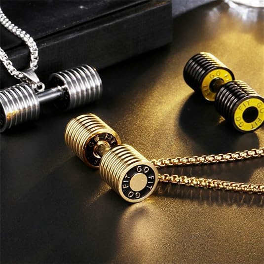 El Regalo Stainless Steel Gym Fitness Dumbbell Pendant Necklace for Boys/Men- Go Fit Motivational Fitness Sports Jewelry for Gym Lovers (Gold)