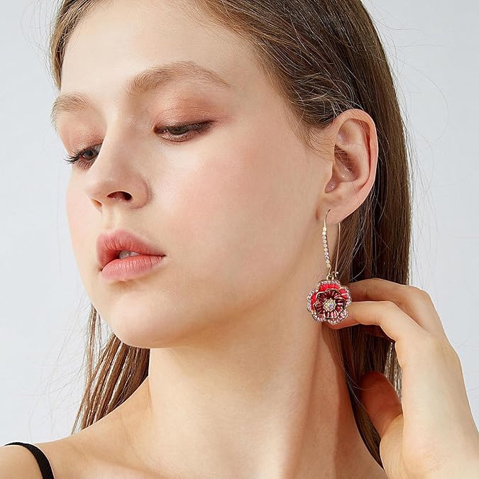 El Regalo Women's & Girl's 1 Pair Iridescent Flower Dangle Earrings - Hypoallergenic Gold-Tone with Mixed Stones Earrings (Red Rose Flower)
