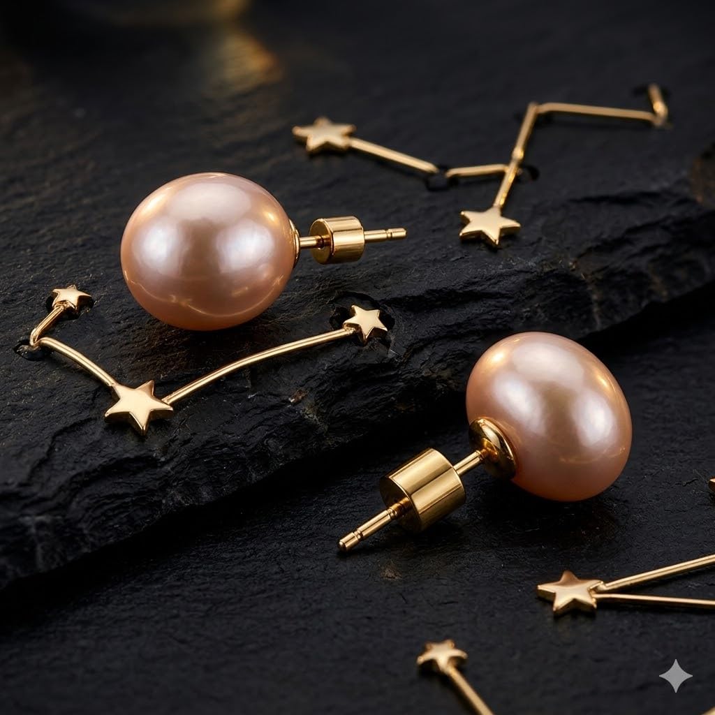 El Regalo Premium Pearl Stud Earrings for Women & Girls | Elegant Champagne Pink Pearl Earrings | Modern Minimalist Timeless Classic Studs | Statement Earrings