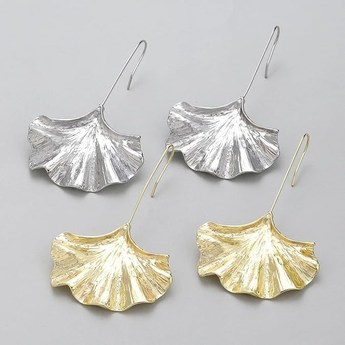 El Regalo Big & Bold Ginkgo Leaf Drop Dangle Earrings - Fashionable Fall Maple Leaf Boho Earrings for Women & Girls, Classy Statement Jewelry (Silver)