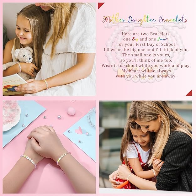 El Regalo Mother Daughter Matching Bracelet Set for 2 | Mama Mini Bead Bracelets | Mommy and Me Adjustable Heart Bracelet Set | Pink Crystal Beaded Mom-Daughter Bracelet for Women Girls (Mini-Mama)