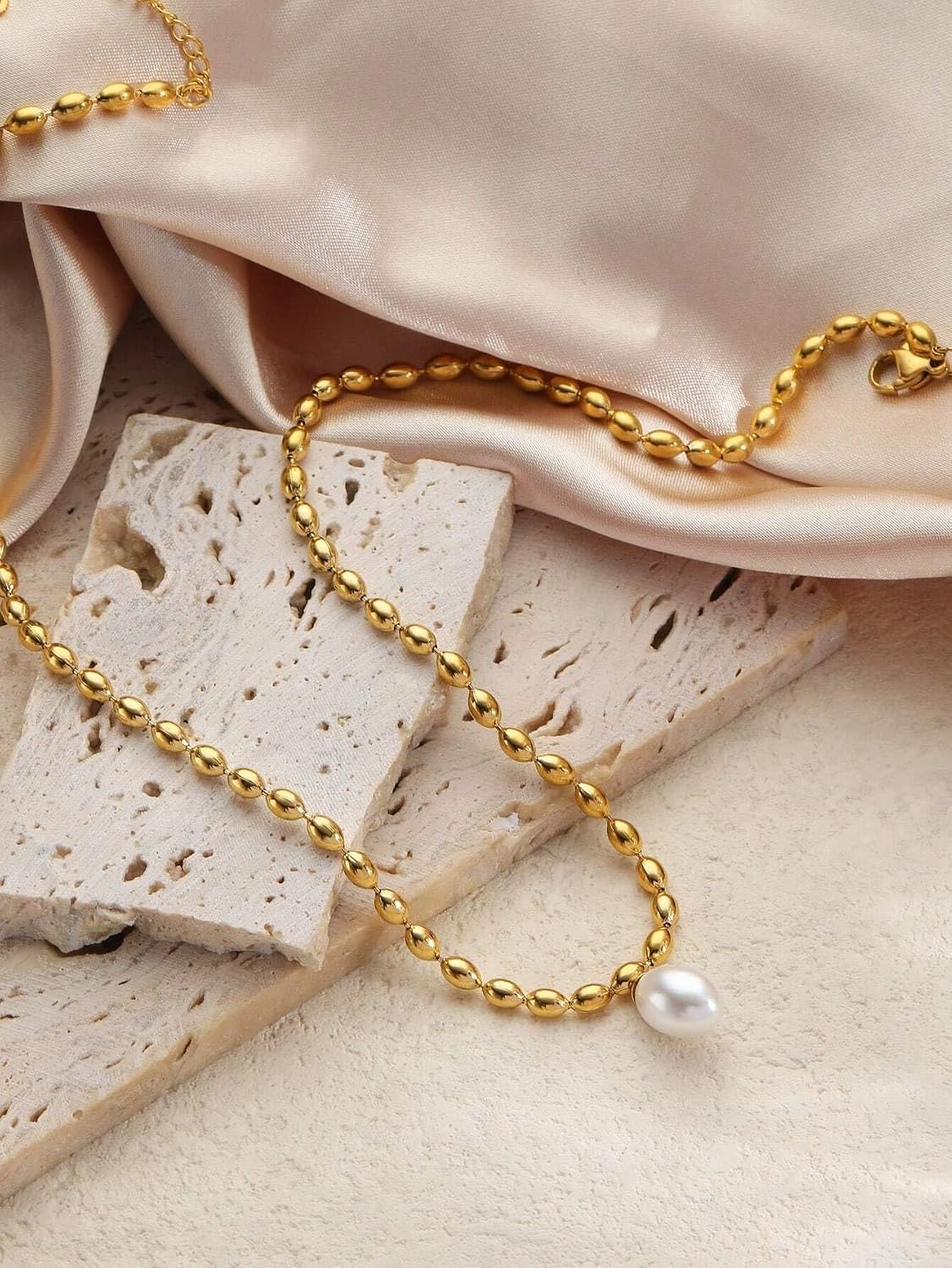 El Regalo Elegant Warterproof 18K Gold Plated Pearl Dainty Ball Bead Chain Necklace - Stainless Steel Anti-Tarnish Jewelry for Women, Girls (Ball Beads Drop Pearl Chain)
