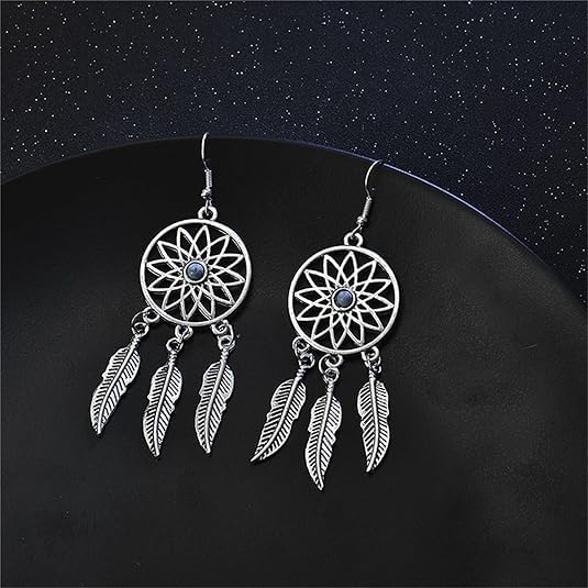 El Regalo Vintage Dream Catcher Feather Earrings Necklace for Girls/Women- Turquoise Bohemian Ethnic Fringe Tassel Dangle Jewelery Set