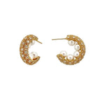 El Regalo Luxury Pearl & Zircon C Half Hoop Earrings for Women - 14K Gold Plated Pave Crystal Studs | Elegant Party Jewellery | Ideal Gift for Anniversary, Wedding & Birthdays (Gold)