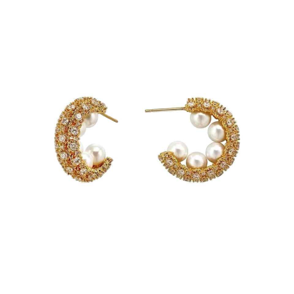 El Regalo Luxury Pearl & Zircon C Half Hoop Earrings for Women - 14K Gold Plated Pave Crystal Studs | Elegant Party Jewellery | Ideal Gift for Anniversary, Wedding & Birthdays (Gold)