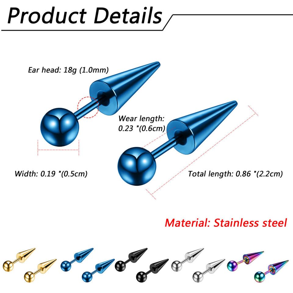 El Regalo 5 Pairs Surgical Stainless Steel Round Ball Cone Spike Cartilage Earring- Waterproof Tragus Ear Piercing Helix Unisex Earrings for Men & women