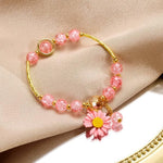 El Regalo 1PC Daisy Flower/Sunflower Crackle Beads Stretch Bracelet for Girls & Women- Fancy Floral Bracelets (Pink)