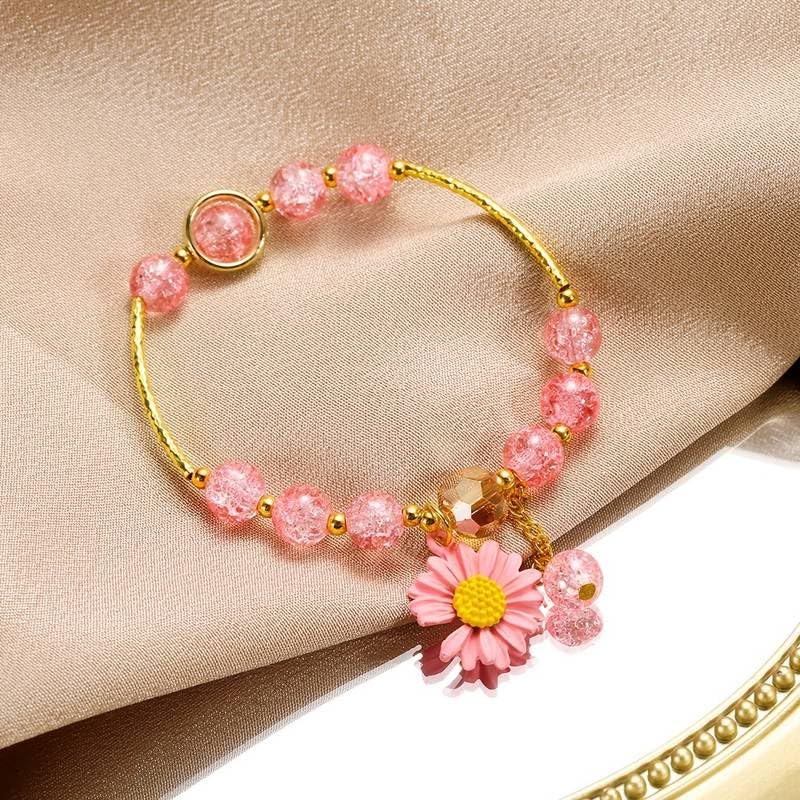 El Regalo 1PC Daisy Flower/Sunflower Crackle Beads Stretch Bracelet for Girls & Women- Fancy Floral Bracelets (Pink)
