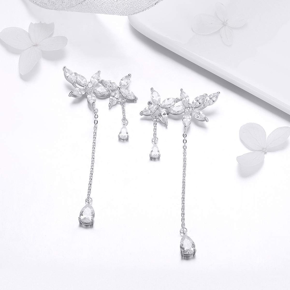 El Regalo 925 Silver Plated Dainty Flowers Threader Detachable Tassel Chain Leaves Wrap Earrings Crawler for Girls & Women