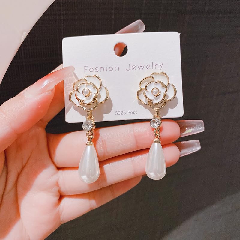 El Regalo Women's & Girl's Elegant White Camellia Flower Pearl Stud Earrings-