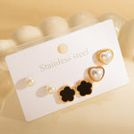 El Regalo Stainless Steel Stud Earrings Combo for Women & Girls | 18K Gold Plated Anti-Tarnish Cute Pearl, Black Flower, & Heart Western Earrings Set | Elegant Daily Wear Aesthetic Jewelry (Set of 3 Pairs)