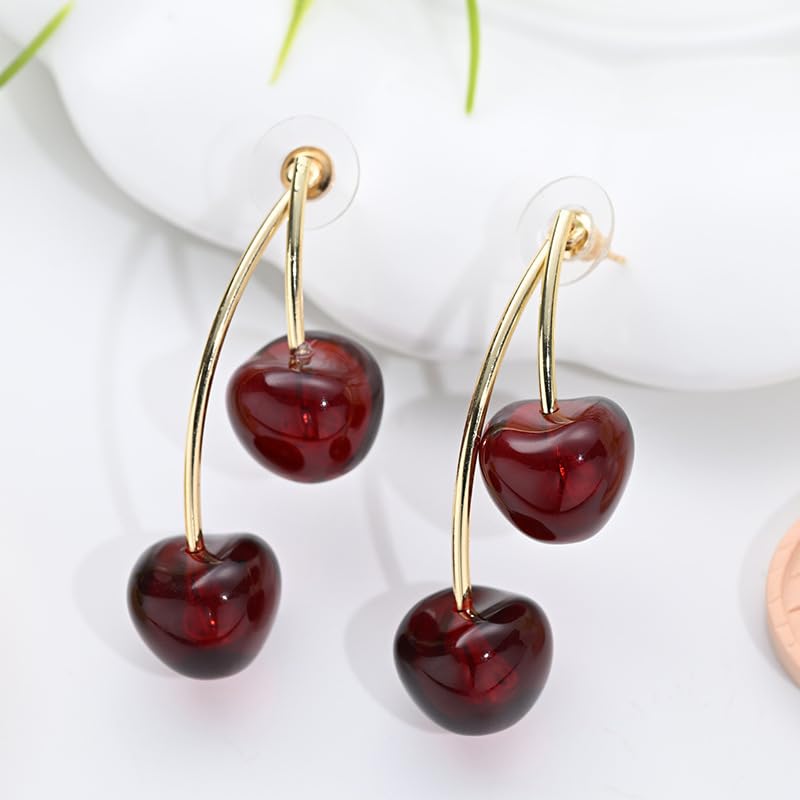 El Regalo Cute Red Double Cherry Front Back Jacket Earrings for Girls & Women | Glossy Fruit Design Gold-Tone Earrings | Fashion Statement Dangle Earrings for Party & Casual Wear
