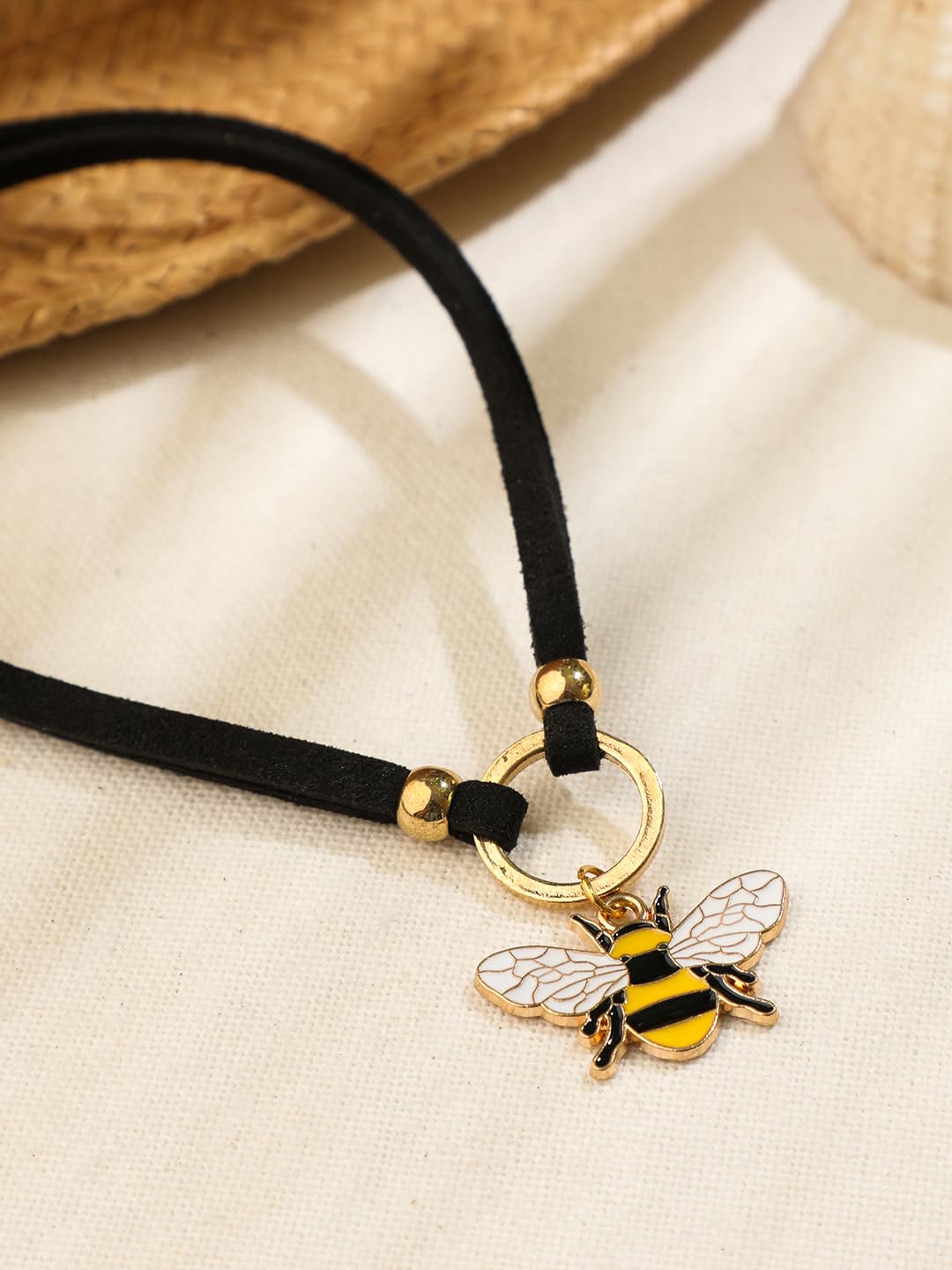 El Regalo 1PC Cute & Fancy Black Faux Choker Collar Necklace with Charms for Girls & Women (Honey Bee Charm Choker)